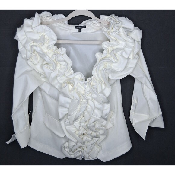 Samuel Dong Womens Zipper Wired Ruffled Cuffed Long Sleeve Jacket Cream Sz L - Picture 1 of 8